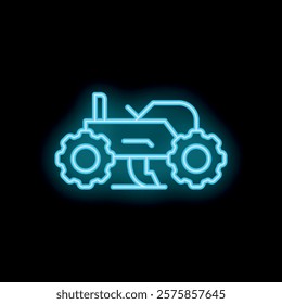 Blue neon sign icon of a tractor glowing on a black background