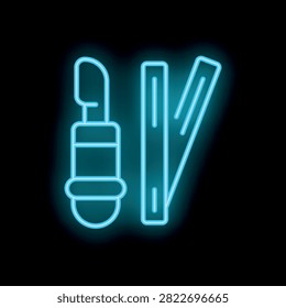 Blue neon sign illuminating in the dark, representing ski boots and skis, ideal for winter sports or ski resort themes