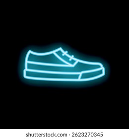 Sinal de néon azul iluminando um tênis sobre um fundo preto