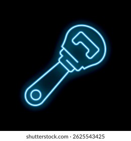 Blue neon sign illustrating a bottle opener on a black background
