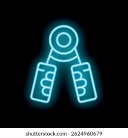 Blue neon sign illustrating a hand grip exerciser, glowing against a dark background, perfect for fitness and exercise concepts