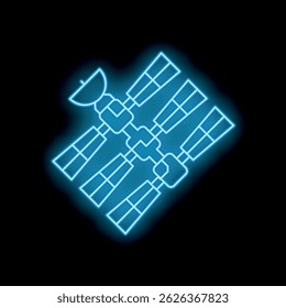 Blue neon sign of international space station orbiting earth on black background