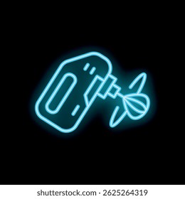 Blue neon sign of a kitchen mixer working with dough on a black background