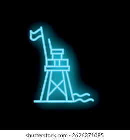 Blue neon sign of a lifeguard tower standing on the beach at night, a symbol of safety and security