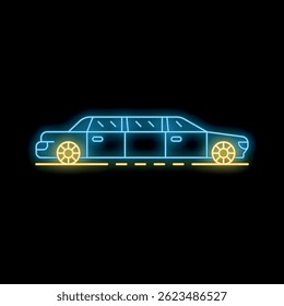 Blue neon sign of a long limousine moving on a road at night