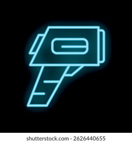 Blue neon sign of a modern electric hand plane glowing on black background