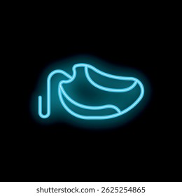 Blue neon sign of a modern sport shoe glowing on a black background
