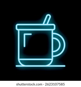 Blue neon sign of a mug with a hot beverage and a straw, glowing on a black background