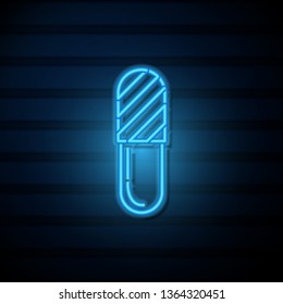 Blue neon sign on dark wall Pills vector icon. Medical and HealthCare Symbol