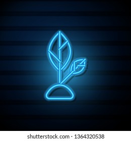 Blue neon sign on dark wall Planting seed sprout in ground. Symbol grow sapling.