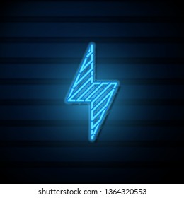 Blue neon sign on dark wall Lightning icon vector. Energy concept