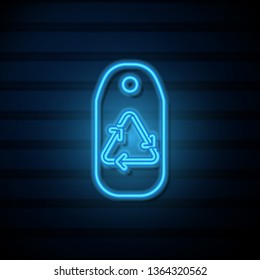 Blue neon sign on dark wall The waste processing icon on tag. Bio symbol.
