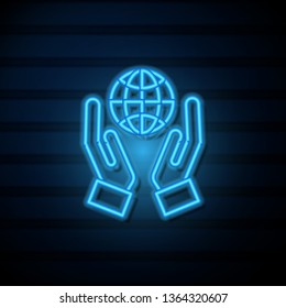 Blue neon sign on dark wall Save earth icon design. Save globe logo