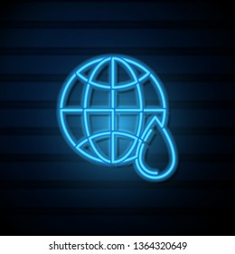 Blue neon sign on dark wall Bio planet. Ecology and wolrd water day