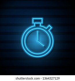 Blue neon sign on dark wall Clock icon. Timer icon. Countdown, deadline, schedule, planning symbol.