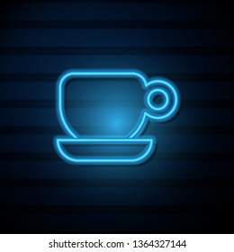 Blue neon sign on dark wall Cup of aromatic coffee icon