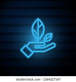 Blue neon sign on dark wall Ecology icon illustration. Planet symbol