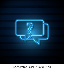 Blue neon sign on dark wall Chat Speech Bubbles. Icon of Communication, Contact, FAQ, Answers and Questions, Chat or Dialogue.