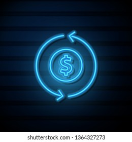 Blue neon sign on dark wall Receiving Money Icon. Exchange dollar