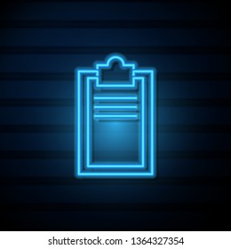 Blue neon sign on dark wall Clipboard with document. Filling insurance claim form, paperwork, income tax form, write a report, business concepts.