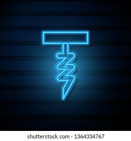 Blue neon sign on dark wall Corkscrew icon. Corkscrew silhouette for Web site page and mobile app design vector element.