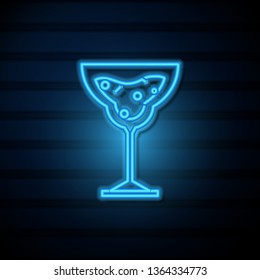 Blue neon sign on dark wall Cocktail vector icon, alcohol symbol