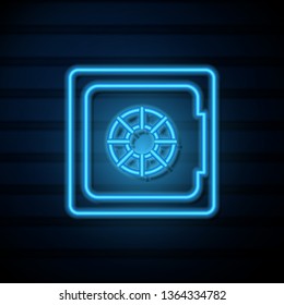 Blue neon sign on dark wall Money safe vector icon. Security concept