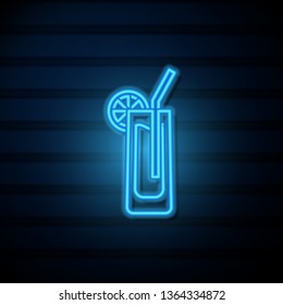 Blue neon sign on dark wall Cocktail vector icon, alcohol symbol