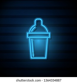 Blue neon sign on dark wall Shaker icon - cocktail shaker illustration
