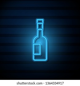 Blue neon sign on dark wall Bottle of wine icon. Alcohol concept