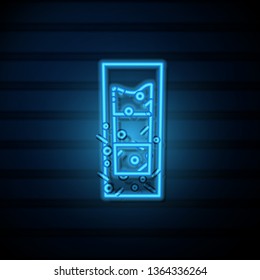 Blue neon sign on dark wall Shot glass icon. Alcohol concept