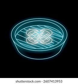 Blue neon sign of a pan with lobsters grilling inside, isolated on a black background