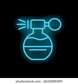 Sinal de néon azul de um frasco de perfume pulverizando fragrância em um fundo preto, ótimo para cosméticos ou indústria da beleza