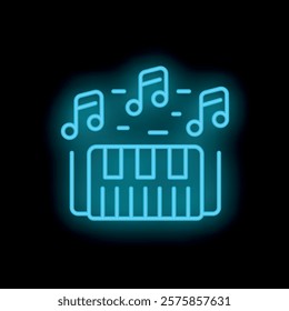 Blue neon sign of a piano keyboard playing musical notes, representing music and entertainment