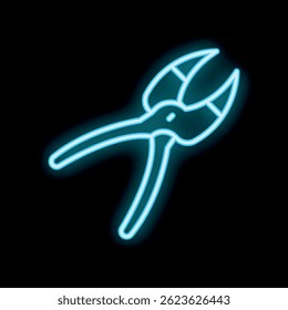 Blue neon sign of pliers glowing against a black background