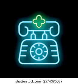 Blue neon sign representing calling medical emergency service glowing on a dark background