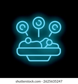 Blue neon sign representing a candy bar with a bowl full of colorful candies and lollipops