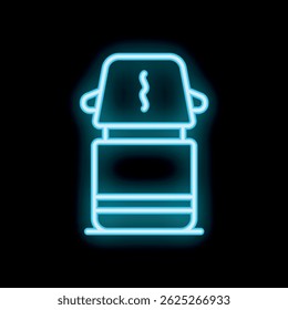 Blue neon sign representing a coffee machine making a hot beverage, on a black background