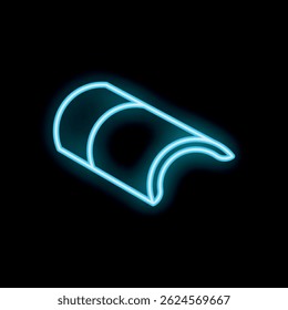 Blue neon sign representing a curved tube glowing against a black background