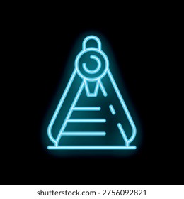 Blue neon sign representing a drawing compass, for accurate measurement and drawing, on a black background with copy space