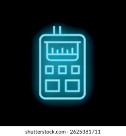 Sinal de néon azul representando um dispositivo de rádio com botões, uma antena e uma tela, sobre um fundo preto