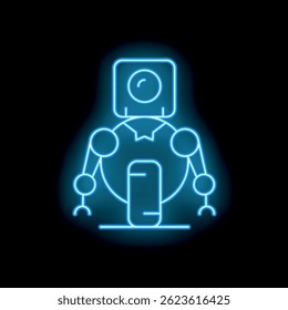 Blue neon sign representing a robot standing still, on a black background, ideal for technological or futuristic themes