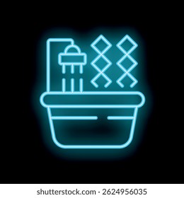 Blue neon sign representing a shower head with water drops falling into a bathtub on a black background