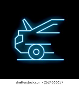 Blue neon sign representing a tow truck moving fast on a black background, great for a garage or a mechanic