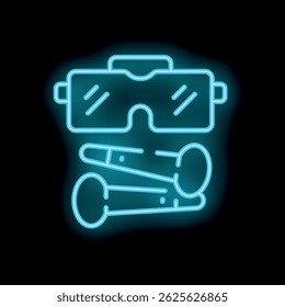 Blue neon sign representing a virtual reality experience including a headset and two controllers