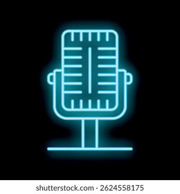 Blue neon sign retro microphone icon glowing on black background