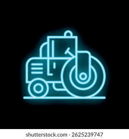 Blue neon sign of a road roller compacting asphalt on a black background