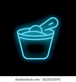 Blue neon sign of a scoop taking protein powder from a container, on a black background
