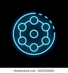 Blue neon sign in the shape of a film reel is glowing on a black background