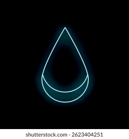 Blue neon sign in the shape of a water drop is glowing on a black wall